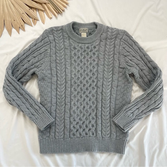 Vintage L.L. Bean Grey Chunky Fisherman Cable Knit Oversized Preppy Crew Sweater - Picture 3 of 8